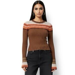 Zara Women’s Brown & Orange & Cream Sparkly Striped Bell Sleeve Knit Sweater
